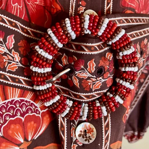 SOLD FARM Rio Gigi Tapestry Brown Mini Dress Beaded Buckle Red Floral Size L - Picture 10 of 16